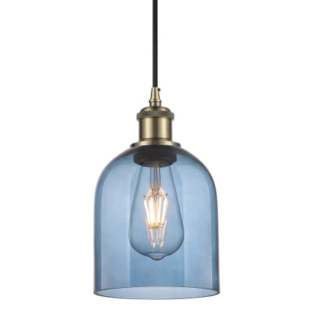 A large image of the Innovations Lighting 516-1P-10-6 Bella Pendant Antique Brass / Princess Blue