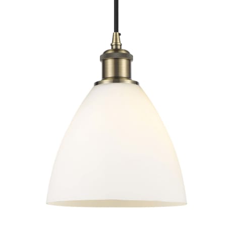 A large image of the Innovations Lighting 516-1P-12-8 Bristol Pendant Antique Brass / Matte White