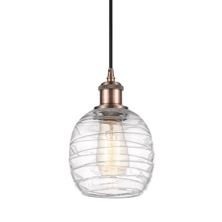 A large image of the Innovations Lighting 516-1P-9-6 Belfast Pendant Deco Swirl / Antique Copper