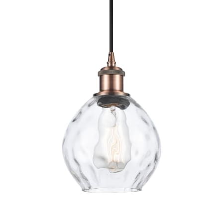 A large image of the Innovations Lighting 516-1P-9-6 Waverly Pendant Clear / Antique Copper