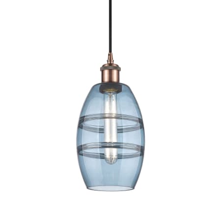 A large image of the Innovations Lighting 516-1P-9-6 Vaz Pendant Antique Copper / Princess Blue