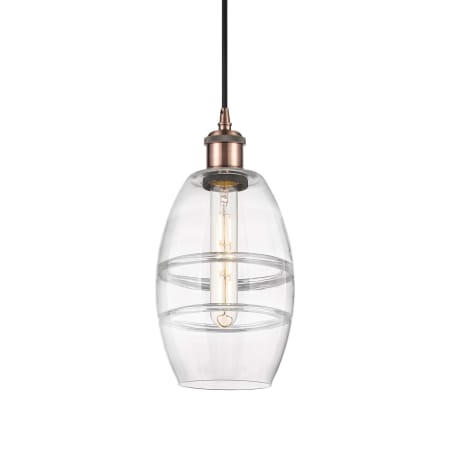 A large image of the Innovations Lighting 516-1P-9-6 Vaz Pendant Antique Copper / Clear