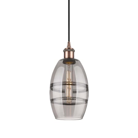 A large image of the Innovations Lighting 516-1P-9-6 Vaz Pendant Antique Copper / Light Smoke