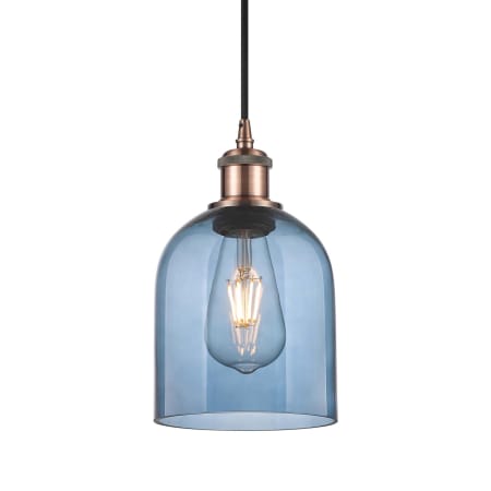 A large image of the Innovations Lighting 516-1P-10-6 Bella Pendant Antique Copper / Princess Blue