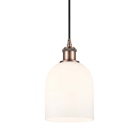 A large image of the Innovations Lighting 516-1P-10-6 Bella Pendant Antique Copper / Glossy White