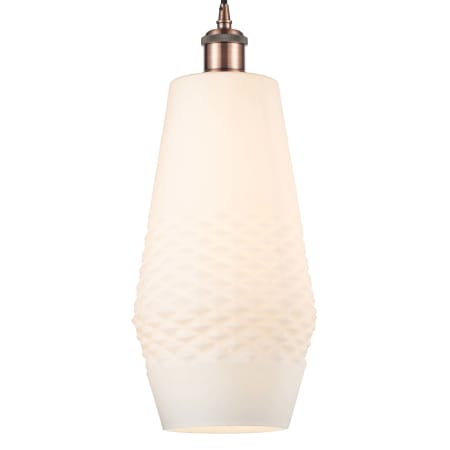 A large image of the Innovations Lighting 516-1P-17-7 Windham Pendant Antique Copper / White