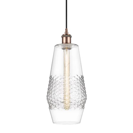 A large image of the Innovations Lighting 516-1P-17-7 Windham Pendant Antique Copper / Clear