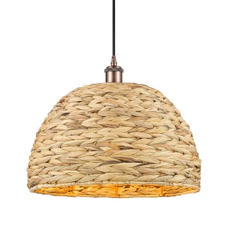 A large image of the Innovations Lighting 516-1P-13-16 Woven Rattan Pendant Antique Copper / Natural