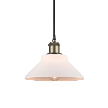 A large image of the Innovations Lighting 516-1P-7-8 Orwell Pendant Matte White / Black Antique Brass