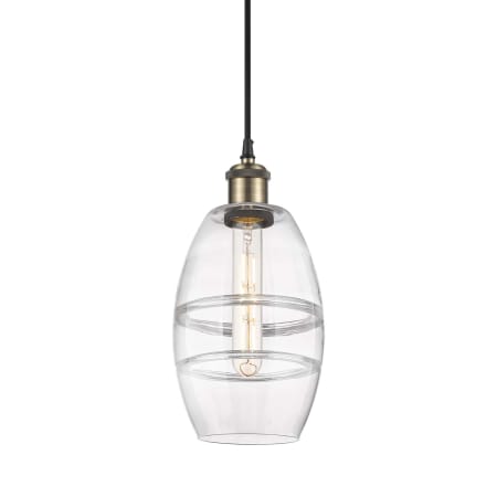 A large image of the Innovations Lighting 516-1P-9-6 Vaz Pendant Black Antique Brass / Clear