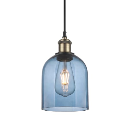 A large image of the Innovations Lighting 516-1P-10-6 Bella Pendant Black Antique Brass / Princess Blue