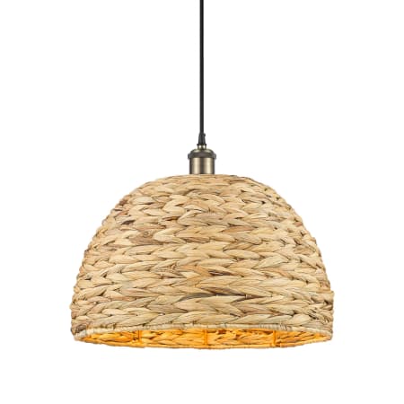 A large image of the Innovations Lighting 516-1P-13-16 Woven Rattan Pendant Black Antique Brass / Natural