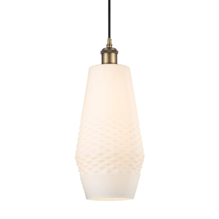 A large image of the Innovations Lighting 516-1P-17-7 Windham Pendant Brushed Brass / White