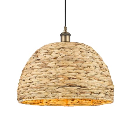 A large image of the Innovations Lighting 516-1P-13-16 Woven Rattan Pendant Brushed Brass / Natural