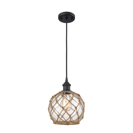 A large image of the Innovations Lighting 516-1P Farmhouse Rope Matte Black / Clear Glass with Brown Rope
