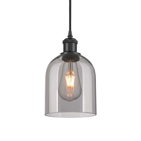 A large image of the Innovations Lighting 516-1P-10-6 Bella Pendant Matte Black / Light Smoke