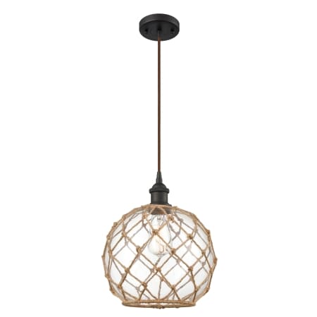 A large image of the Innovations Lighting 516-1P Large Farmhouse Rope Oil Rubbed Bronze / Clear Glass with Brown Rope