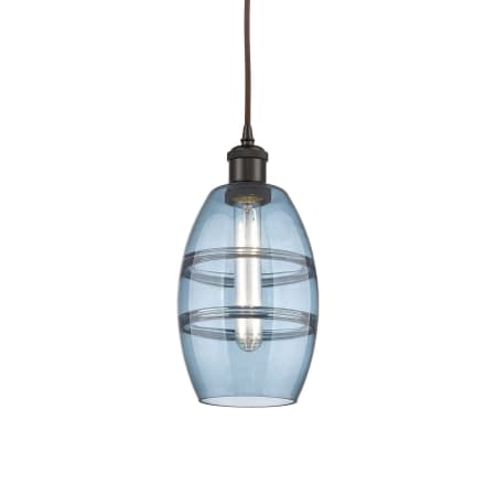 A large image of the Innovations Lighting 516-1P-9-6 Vaz Pendant Oil Rubbed Bronze / Princess Blue