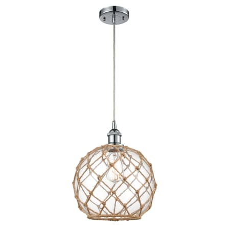 A large image of the Innovations Lighting 516-1P Large Farmhouse Rope Polished Chrome / Clear Glass with Brown Rope
