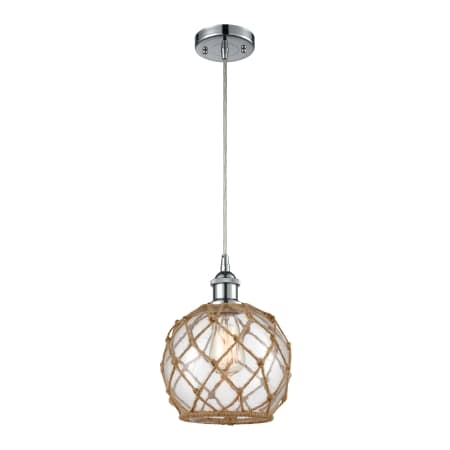 A large image of the Innovations Lighting 516-1P Farmhouse Rope Polished Chrome / Clear Glass with Brown Rope