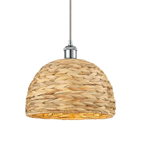 A large image of the Innovations Lighting 516-1P-11-12 Woven Rattan Pendant Polished Chrome / Natural
