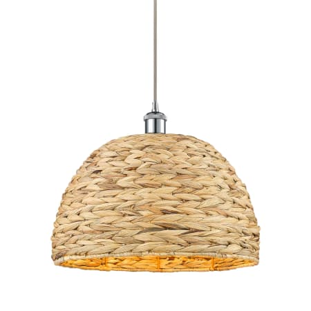 A large image of the Innovations Lighting 516-1P-13-16 Woven Rattan Pendant Polished Chrome / Natural