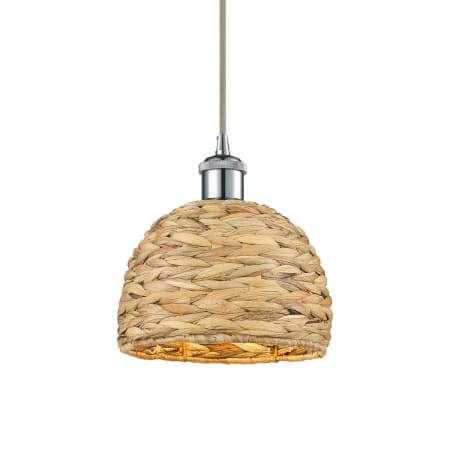 A large image of the Innovations Lighting 516-1P-9-8 Woven Rattan Pendant Polished Chrome / Natural
