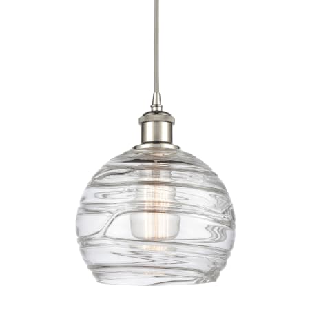 A large image of the Innovations Lighting 516-1P-10-8 Athens Pendant Clear Deco Swirl / Polished Nickel