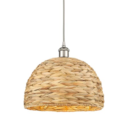 A large image of the Innovations Lighting 516-1P-11-12 Woven Rattan Pendant Polished Nickel / Natural