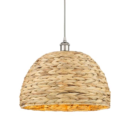 A large image of the Innovations Lighting 516-1P-13-16 Woven Rattan Pendant Polished Nickel / Natural