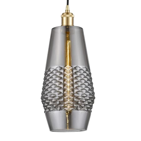 A large image of the Innovations Lighting 516-1P-17-7 Windham Pendant Satin Gold / Smoked