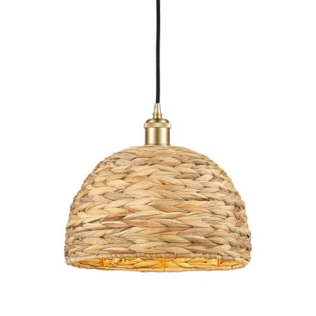 A large image of the Innovations Lighting 516-1P-11-12 Woven Rattan Pendant Satin Gold / Natural