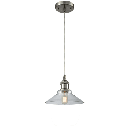 A large image of the Innovations Lighting 516-1P Disc Brushed Satin Nickel / Clear
