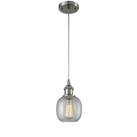 A large image of the Innovations Lighting 516-1P Belfast Brushed Satin Nickel / Clear Seedy