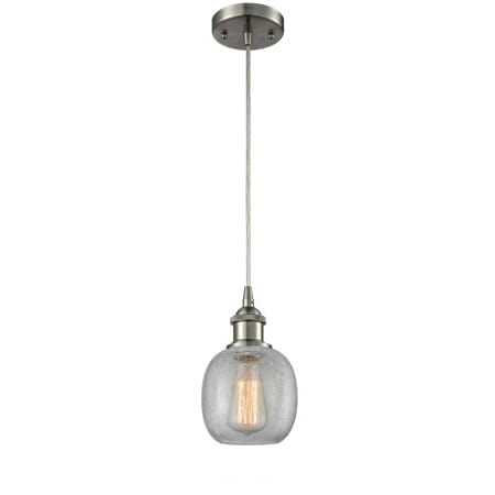 A large image of the Innovations Lighting 516-1P Belfast Brushed Satin Nickel / Clear Crackle