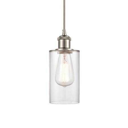 A large image of the Innovations Lighting 516-1P-10-4 Clymer Pendant Clear / Brushed Satin Nickel