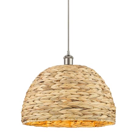A large image of the Innovations Lighting 516-1P-13-16 Woven Rattan Pendant Satin Nickel / Natural