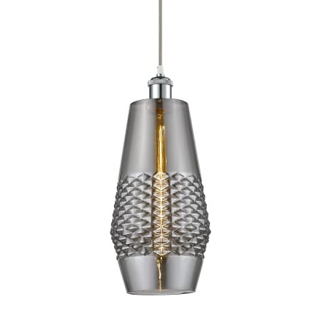 A large image of the Innovations Lighting 516-1P-17-7 Windham Pendant White and Polished Chrome / Smoked