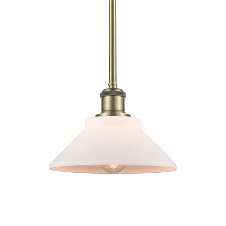 A large image of the Innovations Lighting 516-1S-8-8 Orwell Pendant Matte White / Antique Brass