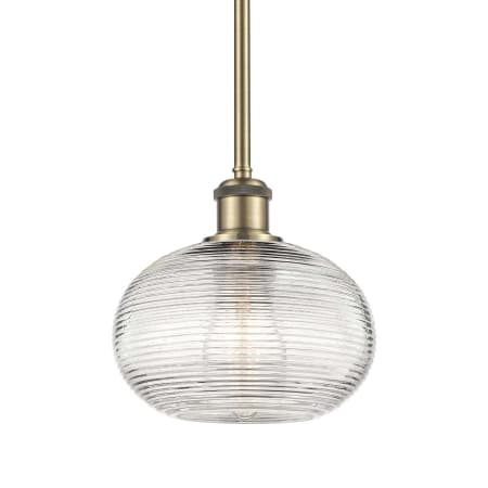 A large image of the Innovations Lighting 516-1S-9-8 Ithaca Pendant Antique Brass / Clear Ithaca