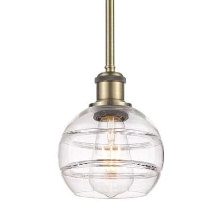 A large image of the Innovations Lighting 516-1S-8-6 Rochester Pendant Antique Brass / Clear