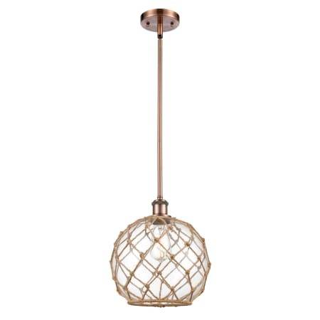 A large image of the Innovations Lighting 516-1S Large Farmhouse Rope Antique Copper / Clear Glass with Brown Rope