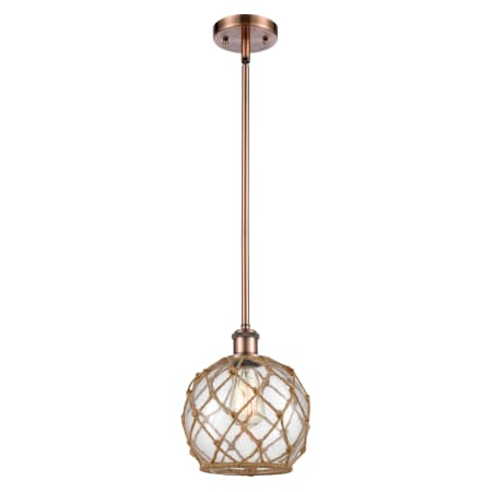 A large image of the Innovations Lighting 516-1S Farmhouse Rope Antique Copper / Clear Glass with Brown Rope