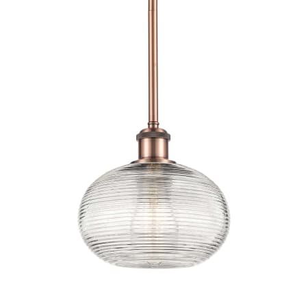 A large image of the Innovations Lighting 516-1S-9-8 Ithaca Pendant Antique Copper / Clear Ithaca