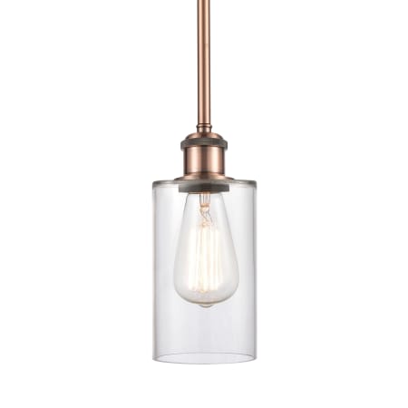 A large image of the Innovations Lighting 516-1S-10-4 Clymer Pendant Clear / Antique Copper