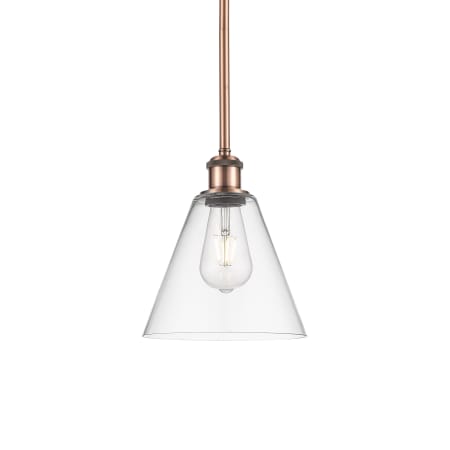 A large image of the Innovations Lighting 516-1S-10-8 Berkshire Pendant Antique Copper / Clear