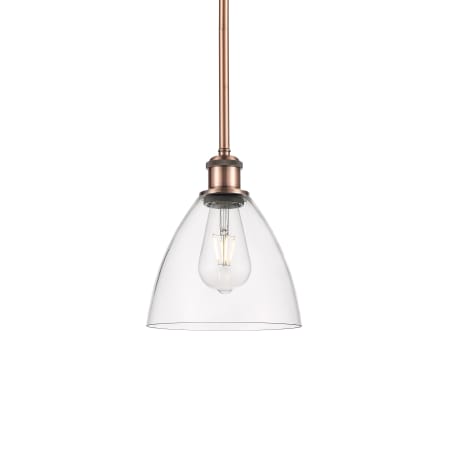 A large image of the Innovations Lighting 516-1S-9-8 Bristol Pendant Antique Copper / Clear