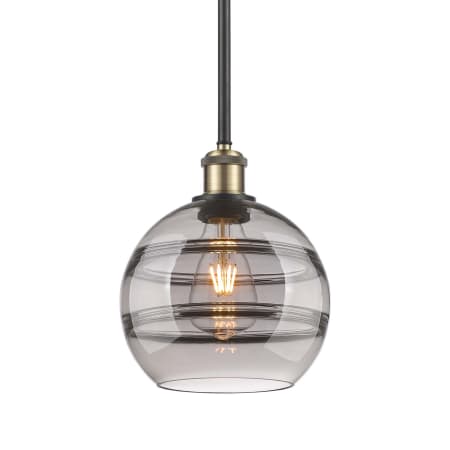 A large image of the Innovations Lighting 516-1S-10-8 Rochester Pendant Black Antique Brass / Light Smoke