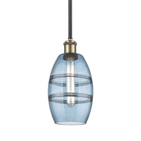 A large image of the Innovations Lighting 516-1S-9-6 Vaz Pendant Black Antique Brass / Princess Blue