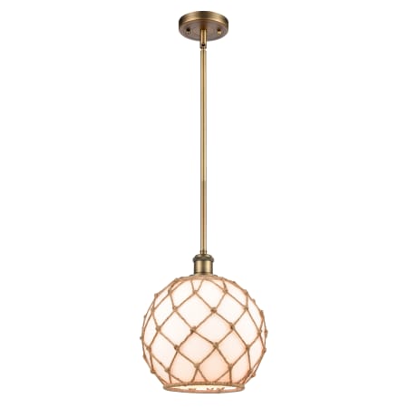 A large image of the Innovations Lighting 516-1S-10RW Ballston Brushed Brass / White Large Farmhouse Glass / Brown Rope